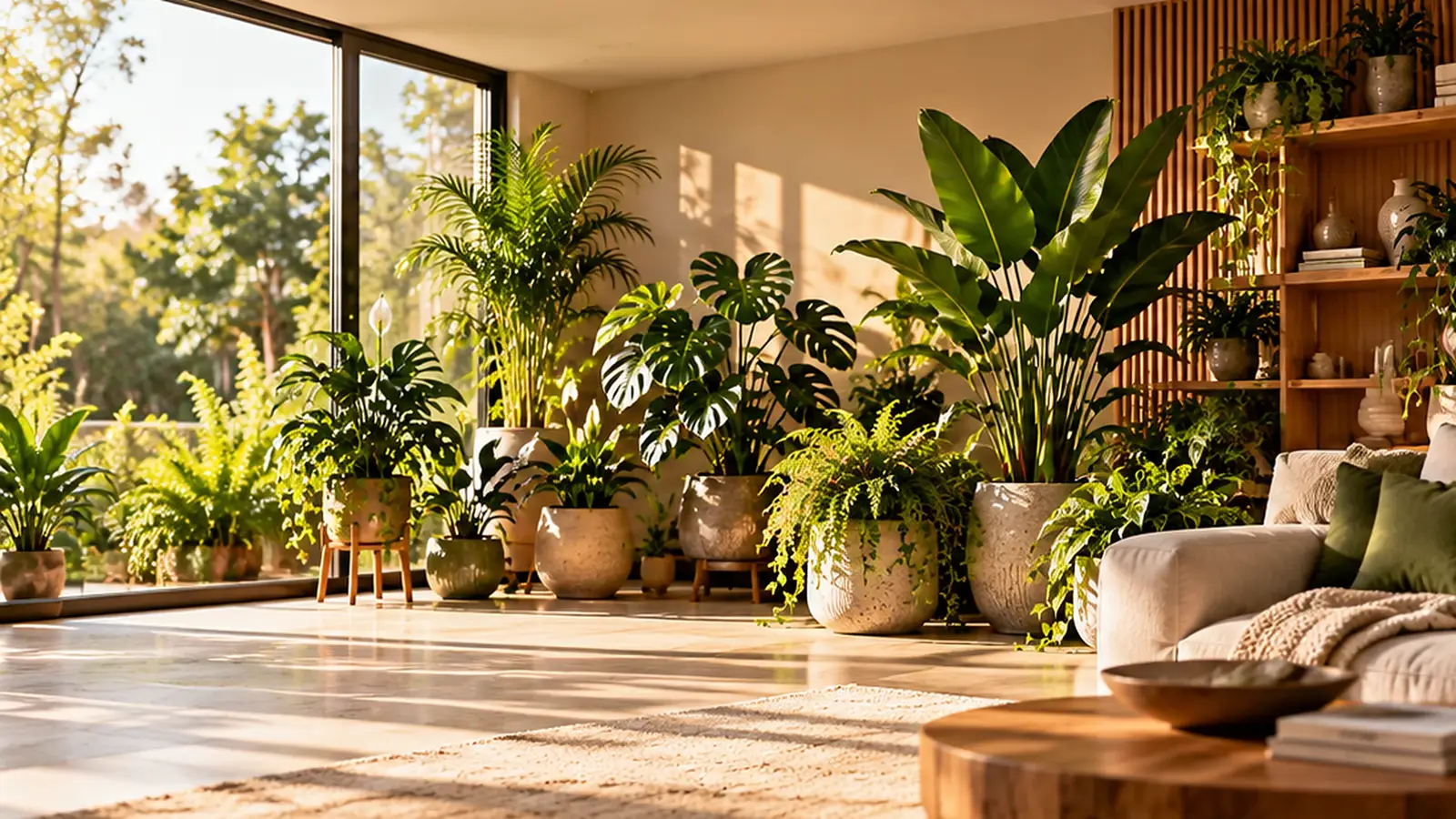 Composição de plantas de interior num espaço luminoso